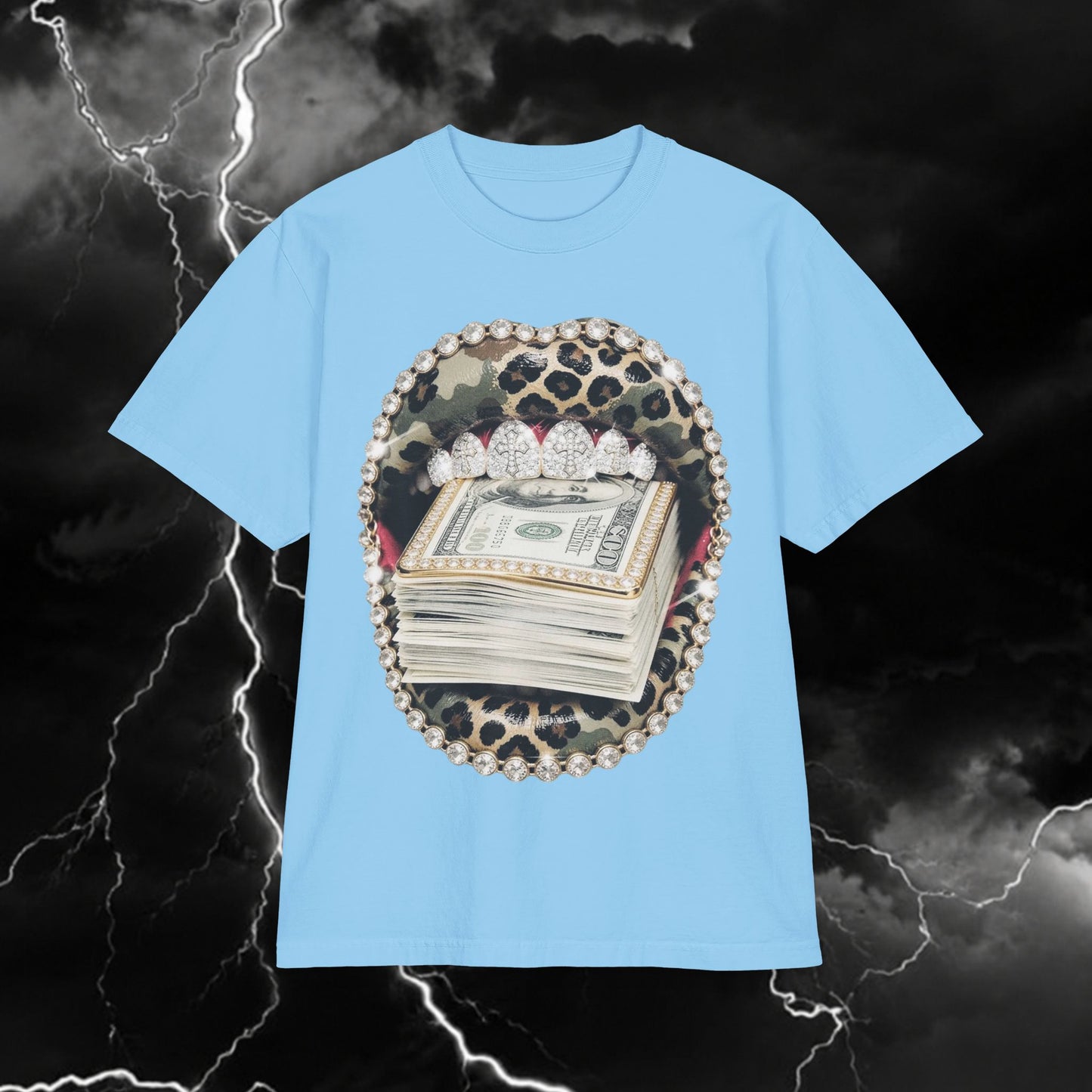 Money Stack Leopard Graphic T‑Shirt — Bling Cash & Rhinestone Design