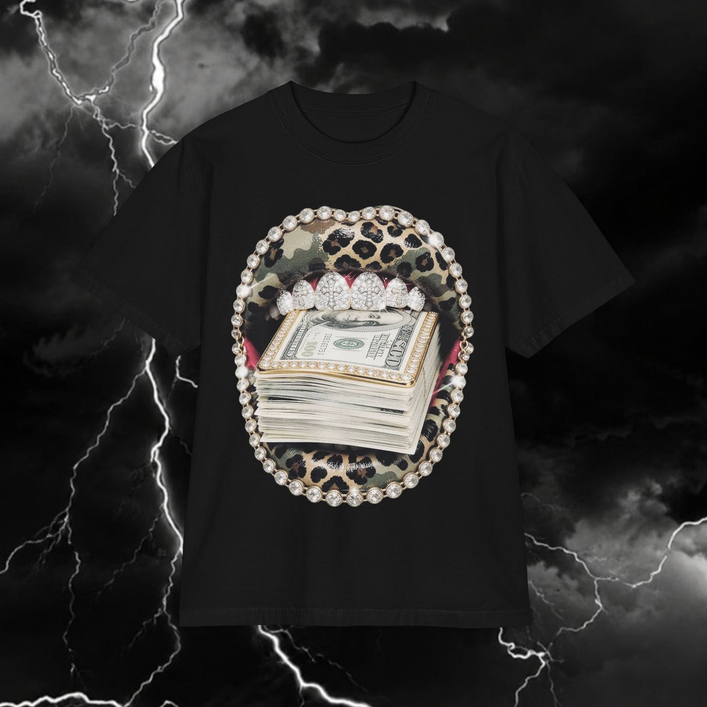 Money Stack Leopard Graphic T‑Shirt — Bling Cash & Rhinestone Design