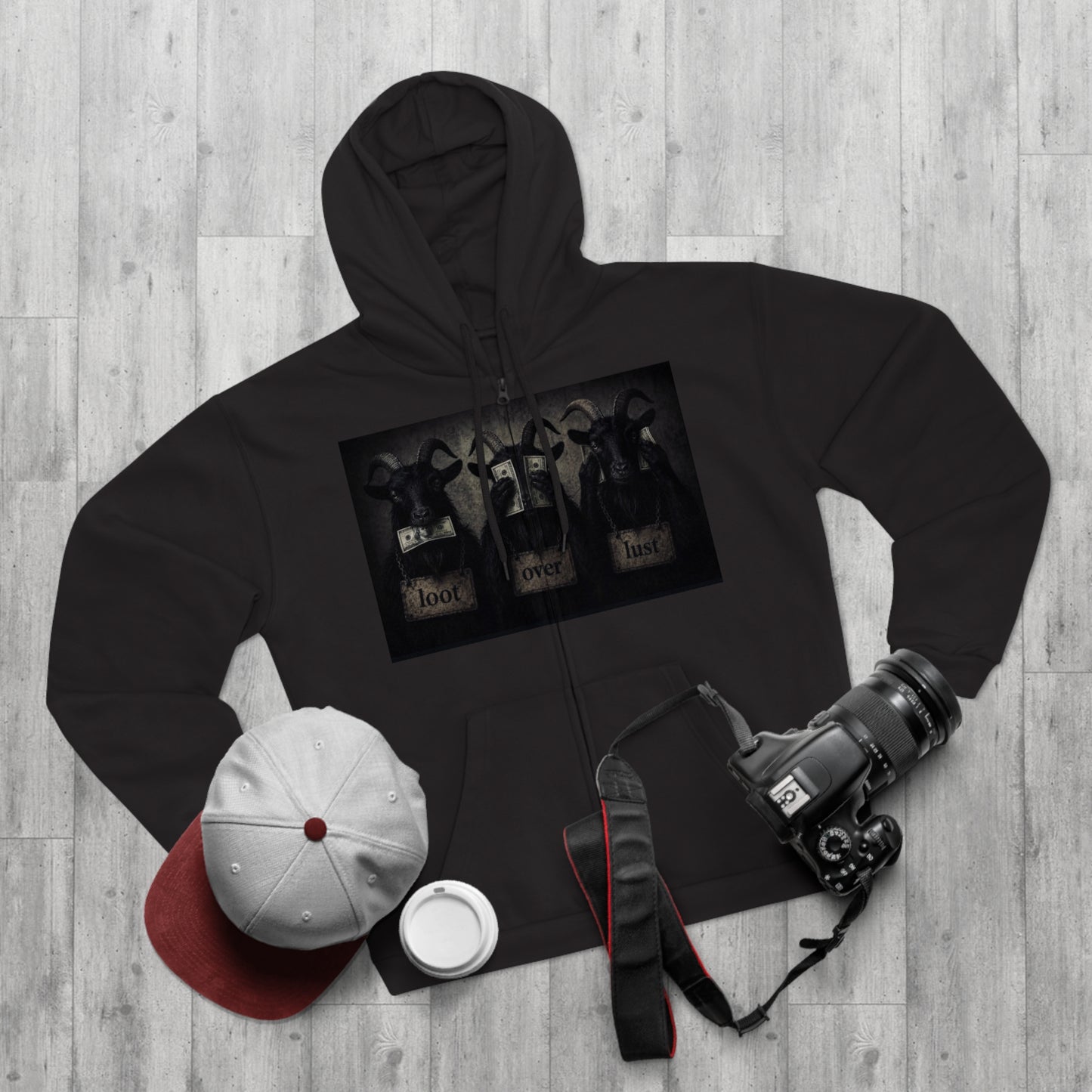 Zip Hoodie - Gothic Goat Trio 'Hope, Never, Hate' Graphic Jacket