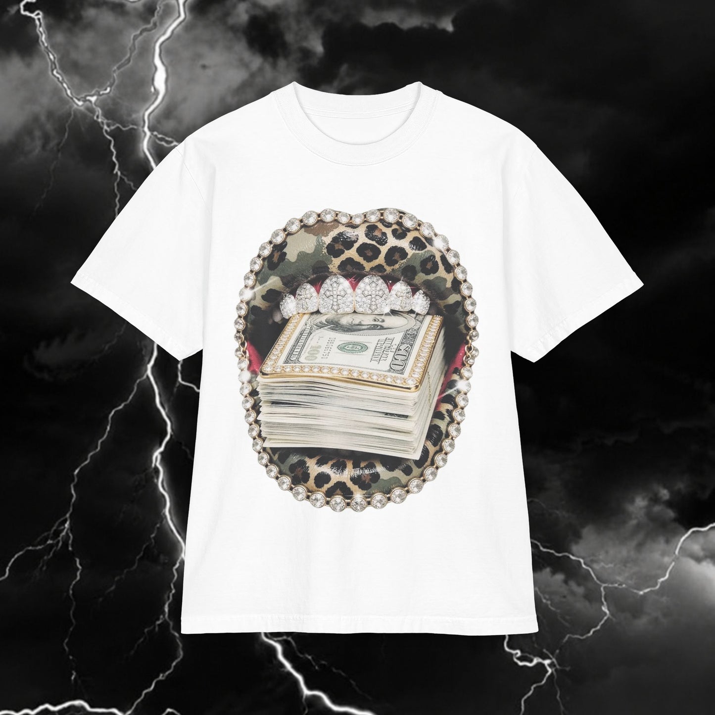 Money Stack Leopard Graphic T‑Shirt — Bling Cash & Rhinestone Design